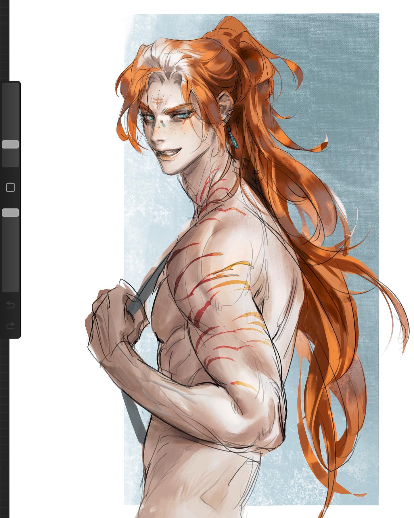 a digital sketch of a muscular man with long flowing red hair pulled back in a ponytail. he has striking blue eyes and a confident smirk.  scars resembling claw marks are visible on his arm and back. his torso is bare, and he holds a strap over his shoulder.  the background is a textured pale bluegrey.