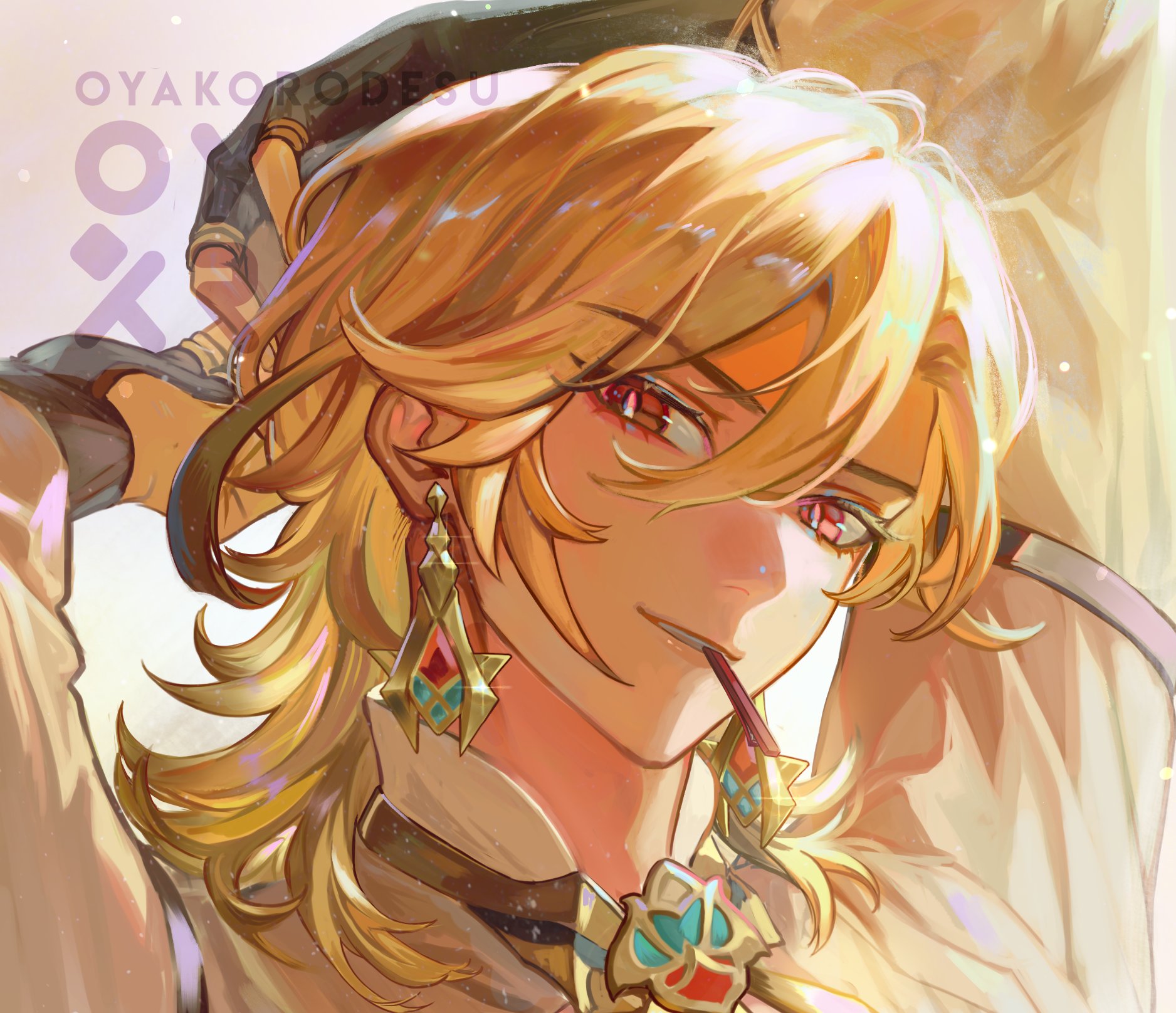 this is a digital art illustration of a handsome anime boy with blonde hair and red eyes. he is wearing a white shirt with a gold collar and earrings. he has a smirk on his face and appears confident and happy. the art is beautifully drawn with intricate details. the lighting is soft and warm, and the overall tone is romantic and whimsical.