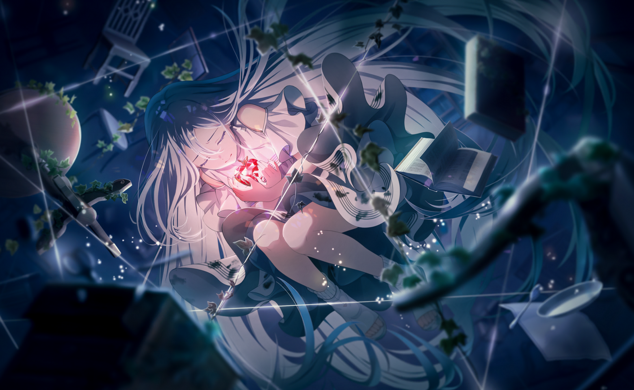 the image is an animestyle illustration featuring a girl with closed eyes and silver hair, cradling a glowing red heart. she is surrounded by floating objects like books, a chair, and items seemingly covered in vines, all set against a predominantly dark blue background. light rays and glowing orbs add to the dreamy and surreal atmosphere, suggesting a magical or fantasy setting. the girl is wearing a dark skirt and socks, implying an indoor scene rendered in a digital art style.