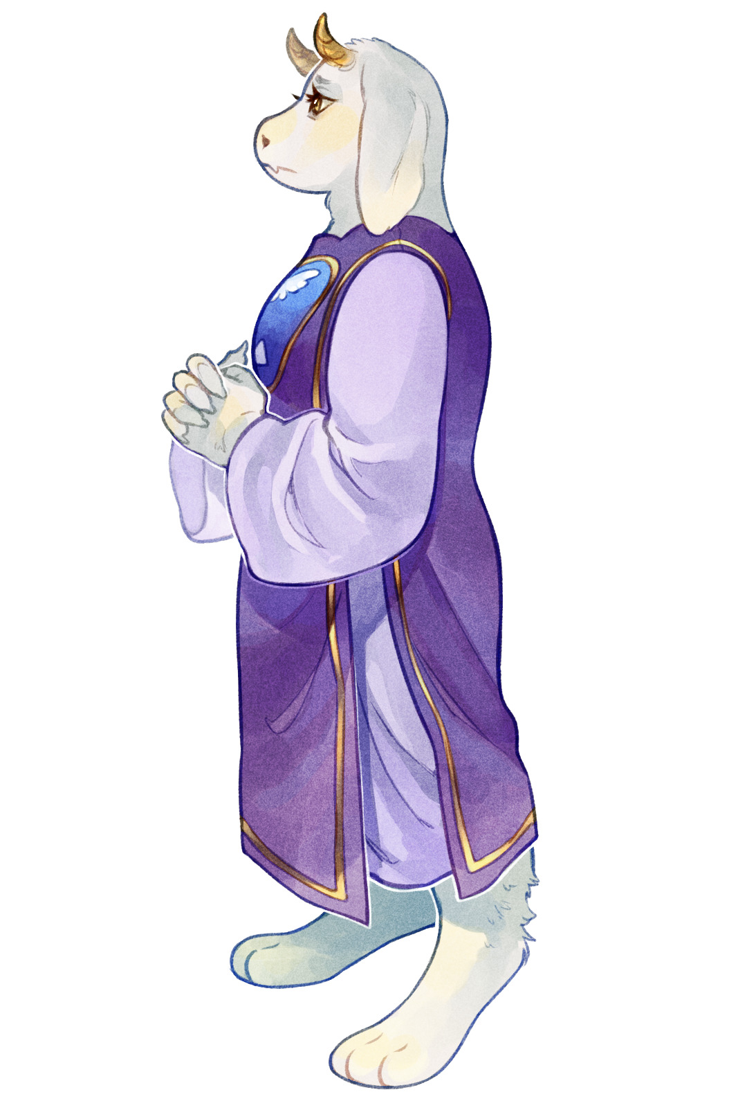 a watercolorstyle drawing of asriel dreemurr, a character from the video game undertale. asriel, a white goatlike creature with horns, stands in profile, facing left, with his eyes closed and hands clasped in prayer. he wears a long purple robe with gold trim and a lighter purple undertunic. a blue heartshaped object is visible on his chest.  the background is pure white.