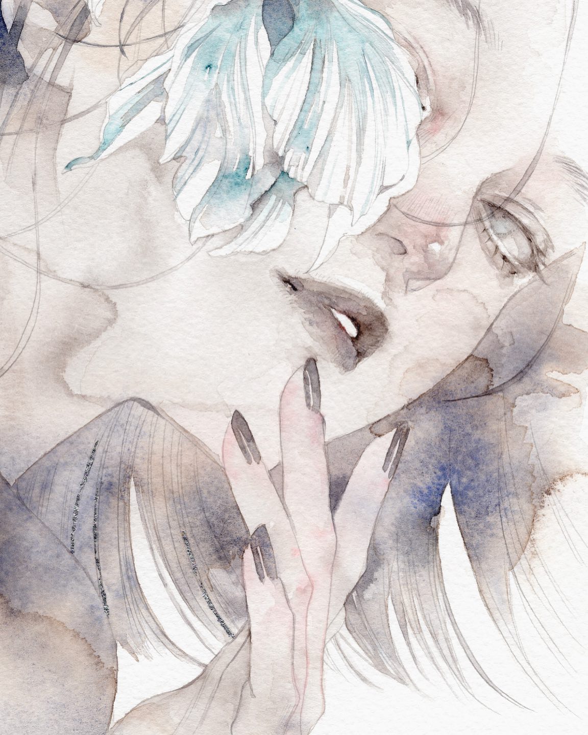 the image is a watercolor painting of a woman's face and hand.  the style is highly artistic and delicate, featuring soft, muted colors of grey, blue, and black.  a large, stylized flower, possibly a type of aquatic plant like a betta fish tail, is partially obscuring her face, adding to the ethereal and slightly surreal atmosphere. the woman's expression is serene yet pensive, and her hand is gently posed near her face.  the overall feel is elegant and feminine, with a strong emphasis on texture and subtle shading. the painting's loose style creates a dreamy, romantic quality.