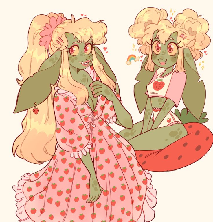 two cartoon characters are depicted in this image. the character on the left has green skin, big eyes, blonde hair with a pink flower, and is wearing a pink dress with a strawberry print. the character on the right has the same features but is wearing a pink top and white bottoms with a strawberry print. both characters are smiling and look happy. the image is drawn in a cartoon style with soft colors and simple lines.