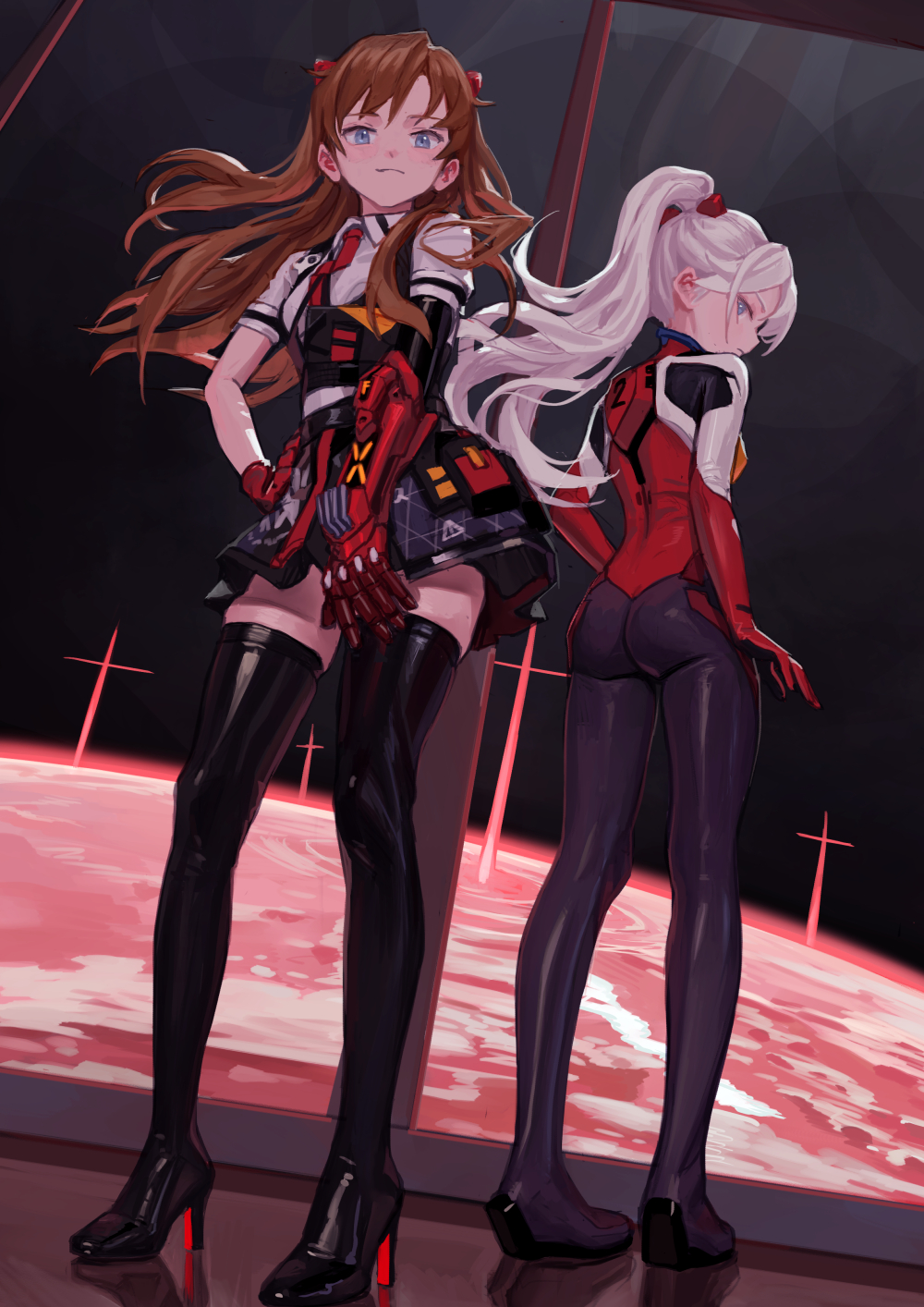 an animestyle image of asuka langley sohryu with brown hair and rei ayanami with white hair. asuka is on the left wearing thighhigh black boots with red heels and a dark outfit with red and black accents. rei is on the right wearing a red and black outfit with matching shoes. they are standing in front of a window showing a red planet and red crosses.
