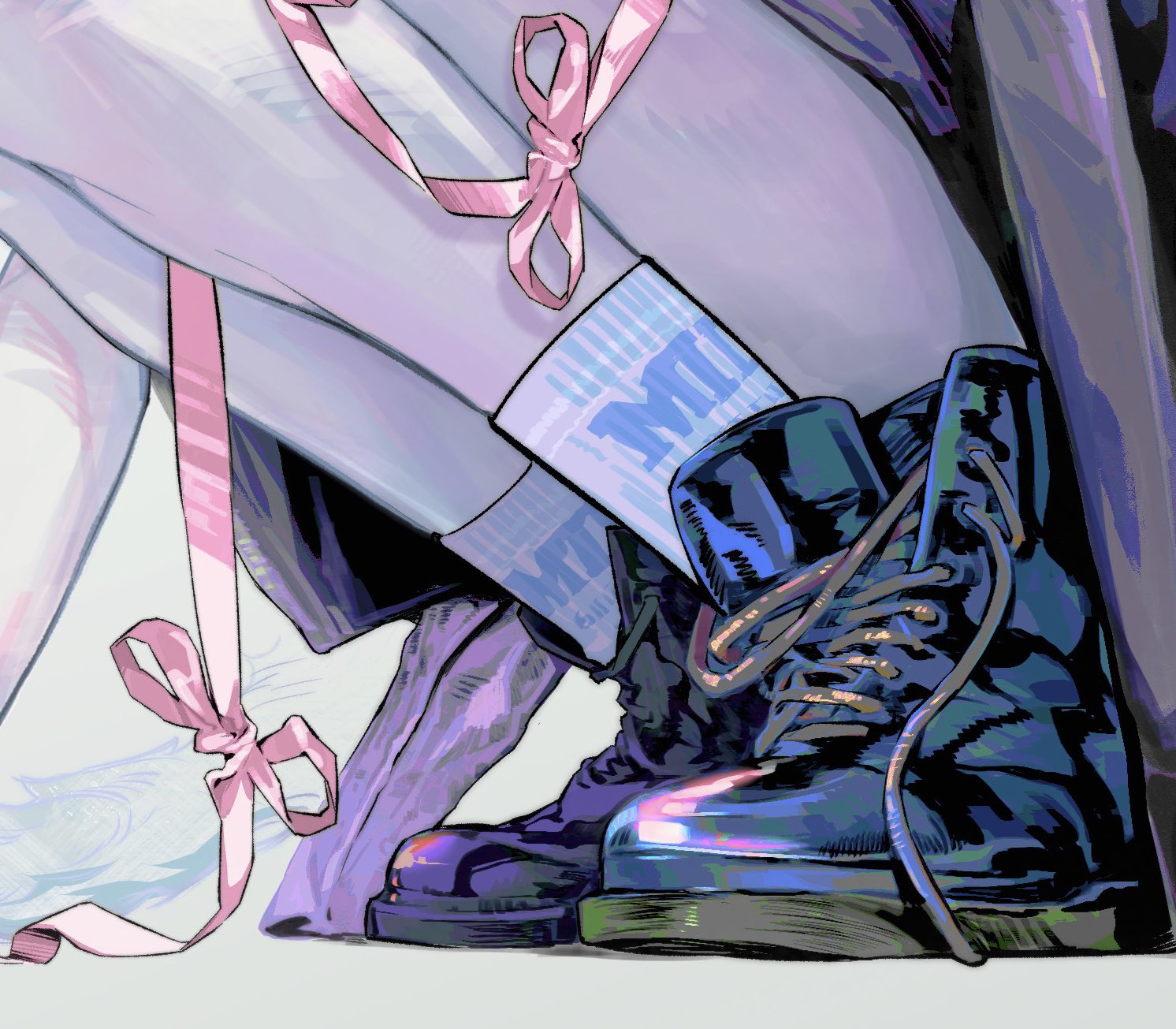 a digital illustration of an anime girl's legs, showcasing her blue boots and pink ribbon tied around her legs. she is wearing white socks that have a blue pattern on them. the image uses digital art techniques and displays a cartoon style of drawing.