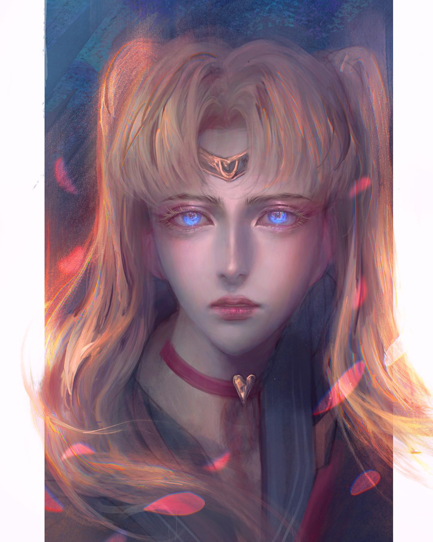 a beautiful anime girl with long blonde hair and blue eyes. she is wearing a red ribbon around her neck with a heart charm and a gold tiara on her head. pink petals fall around her and she looks mysterious and elegant.