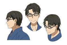 the image is of a character concept sheet for an anime character. the character is a male with short black hair and brown eyes. he is wearing a pair of glasses and a blue yukata. the sheet shows the character from three different angles: front view, threequarter view, and side view.