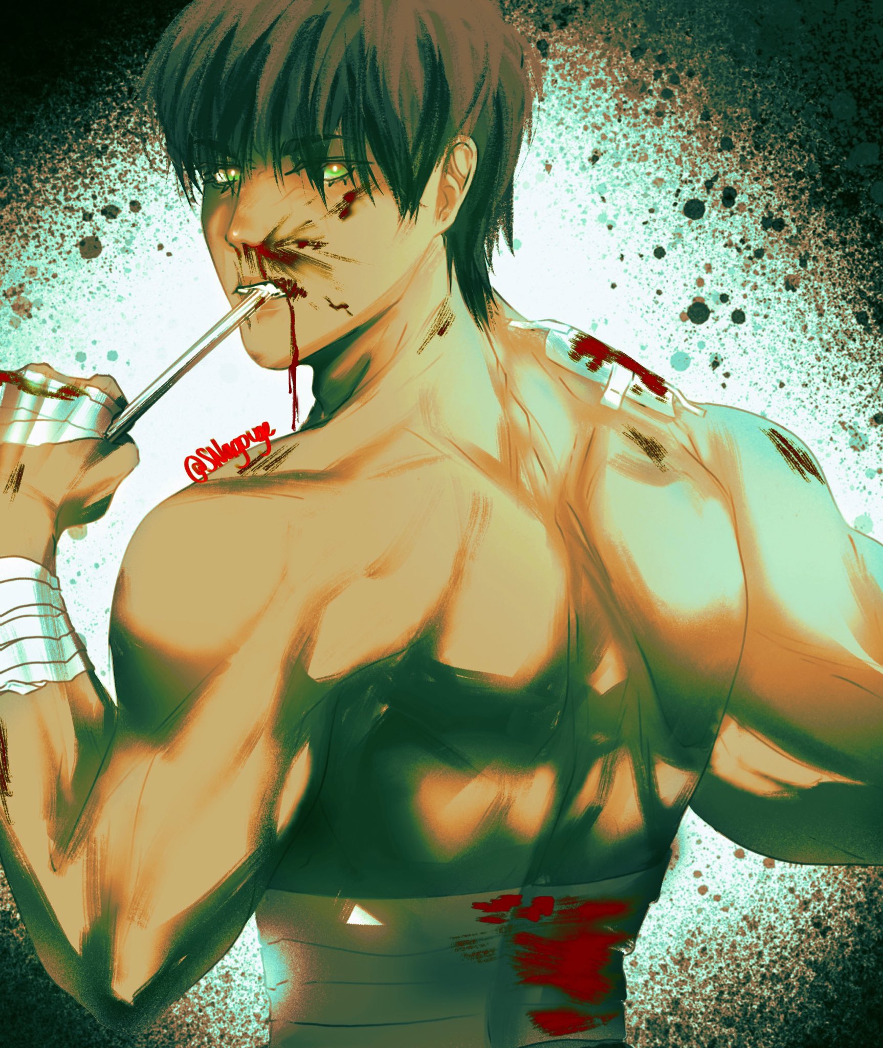 a muscular man with green hair is depicted in a digital illustration. he is injured and bleeding, but still stands strong, his hand clenched around a weapon. the illustration is done in an anime/manga style.