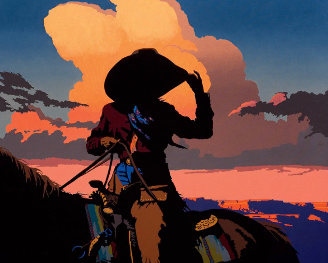 the painting depicts a silhouetted cowboy on horseback, posed against a vibrant sunset.  the cowboy, seen in profile, tips his hat with his right hand. the warm hues of the sunset illuminate the clouds above a canyon landscape.  the scene evokes a sense of classic western imagery.