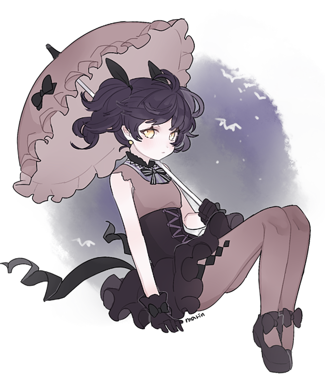 this is a drawing of an anime girl with black hair, yellow eyes, wearing a black dress and white hat with a black and white umbrella sitting on a cloud, with a magical and ethereal background.