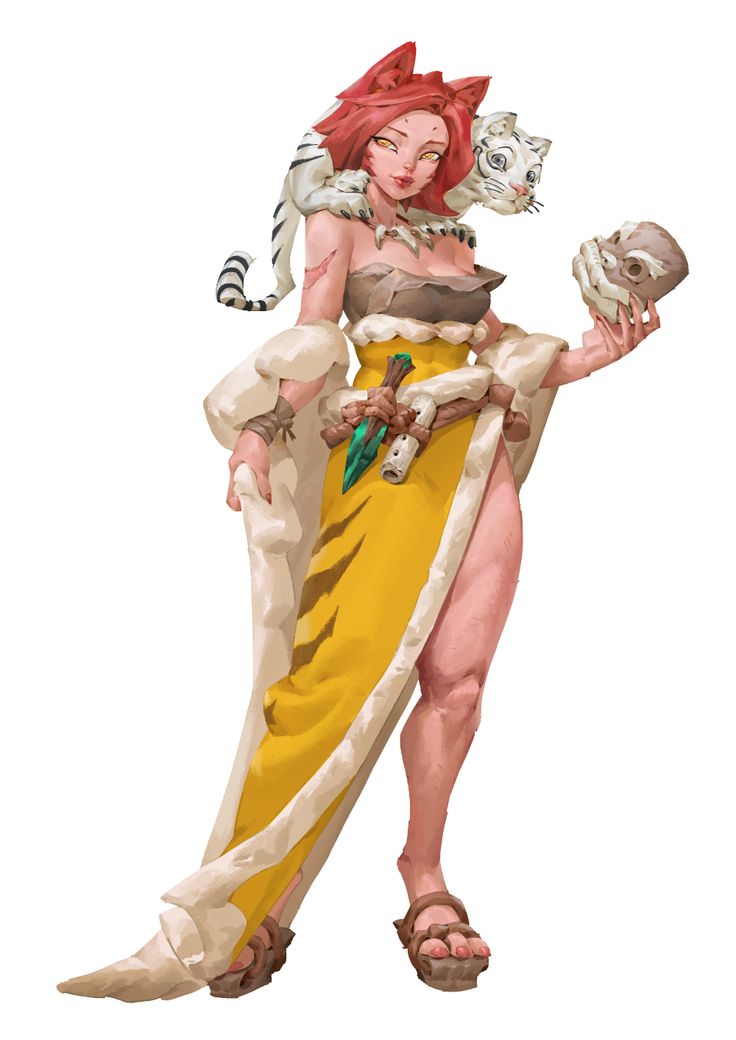 the image is a digital painting of a fantasy female character. she has cat ears and reddishpink hair. she is wearing a yellow dress with a long white robe. a white tiger cub is perched on her shoulder. she is holding a skull in her right hand and appears to be some kind of shaman or priestess. the style is whimsical and magical, with a focus on details like her clothing and the cub. the background is white.