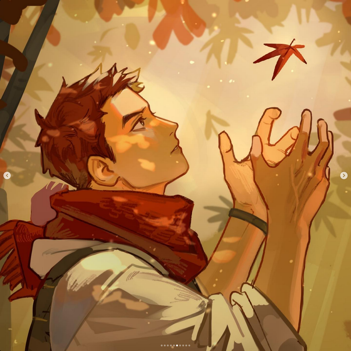 the image shows a young man with short brown hair and brown eyes, gazing upwards with a serene expression. he's framed against a backdrop of autumn leaves, rendered in warm, inviting hues. dappled sunlight filters through the branches, casting dynamic shadows across his face and hands. he wears a red scarf loosely draped around his neck and a simple white shirt with suspenders. he extends his hands towards a single falling maple leaf. the overall composition evokes a sense of longing and peacefulness.