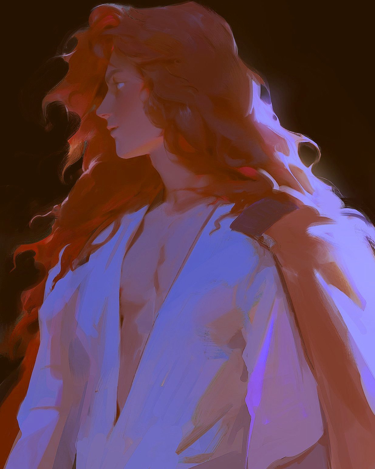 this is a digital painting of a woman with long red curly hair. she is wearing a white dress and is lit from the left side, casting a blue light on her face and dress. her face is turned to the side, and she is looking away from the viewer. the background is dark, but soft light illuminates the woman.