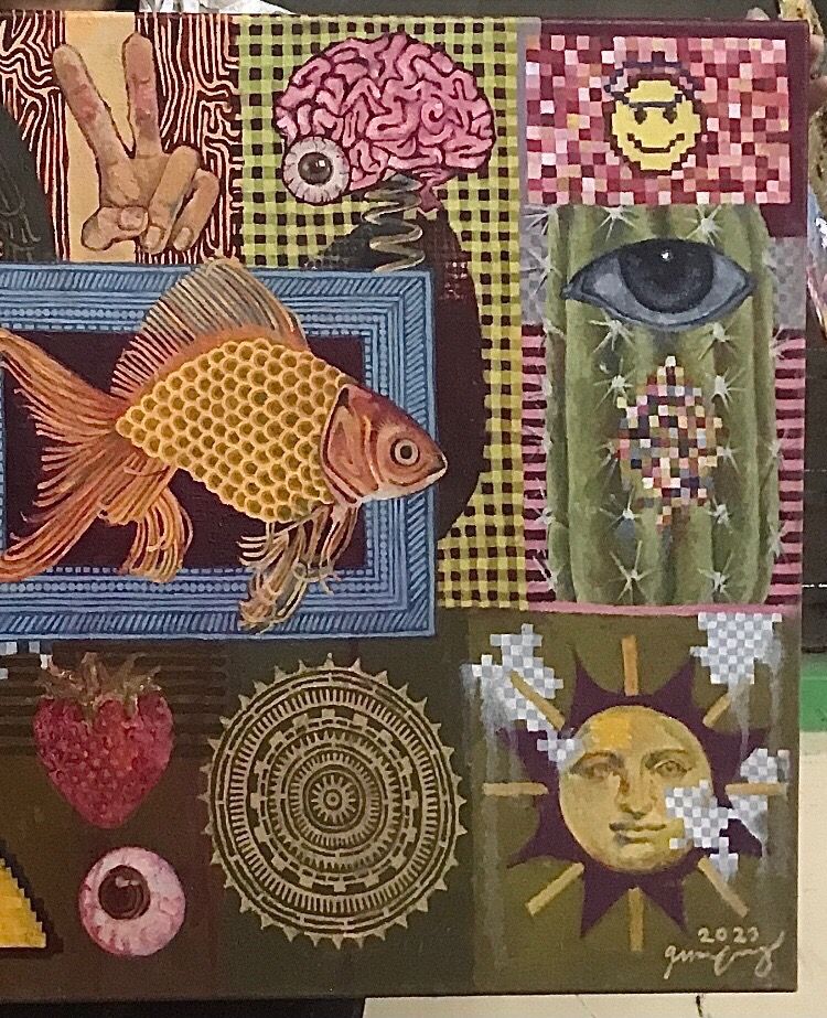this is a mixed media painting with a whimsical and psychedelic aesthetic. the painting is a collage of different elements, including a goldfish, an eye, a brain, a sun, a strawberry, a mandala, and abstract patterns. the colors are bright and bold, and the overall effect is one of surrealism and playfulness. the painting is likely contemporary in style and reflects the artist's unique vision and imagination.