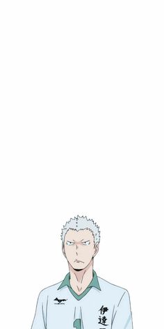 an animestyled male character with spiky gray hair and an annoyed expression. he's wearing a white and teal athletic jersey.