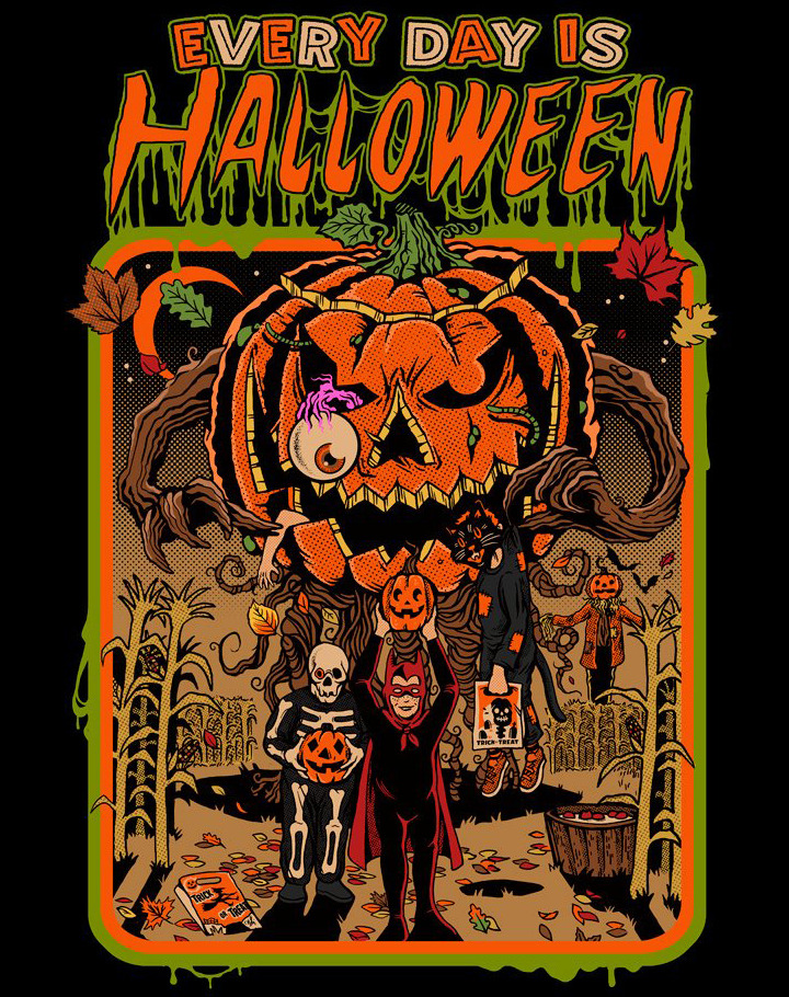 the image is a vibrant, retrostyled illustration depicting a large, grotesque jacko'lantern as the centerpiece. the pumpkin is intricately detailed, showing signs of decay and a bulging eyeball. it appears to be growing from a gnarled treelike structure.  surrounding the pumpkin are several children in halloween costumes; a skeleton, a child dressed as a superhero or vampire, and a catlike figure. they are trickortreating amidst corn stalks and autumn leaves.  the overall color palette is dark and moody with splashes of orange from the pumpkin and autumn leaves. the text "every day is halloween" is prominently displayed at the top, indicating the theme. the style is reminiscent of vintage halloween artwork or posters.