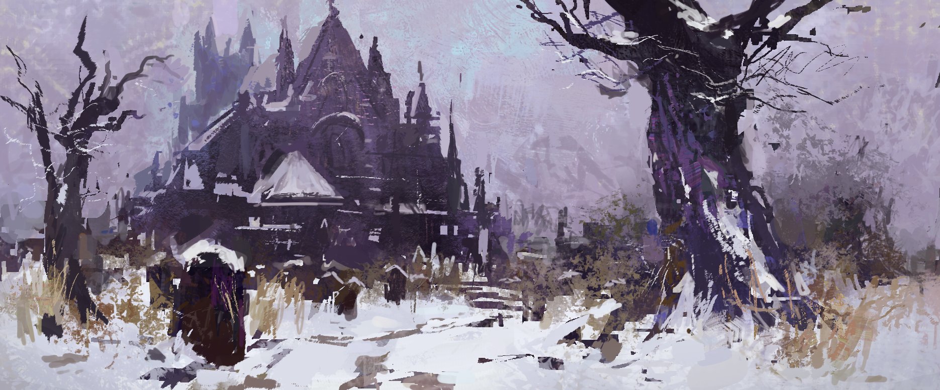 a lone figure in a dark robe walks towards a gothic cathedral in the snow.  the building is large and imposing and is surrounded by leafless trees and a graveyard. the scene is painted in a limited palette of mostly cool colors, creating a gloomy and mysterious atmosphere.