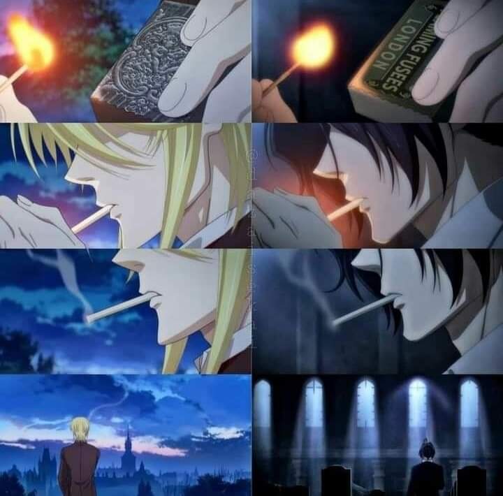 this is an anime collage featuring ciel phantomhive and sebastian michaelis from the popular series black butler. the collage shows various scenes, including ciel smoking a cigarette, sebastian lighting a match, and a cityscape view of london at night. the collage highlights the dark and mysterious atmosphere of the series.
