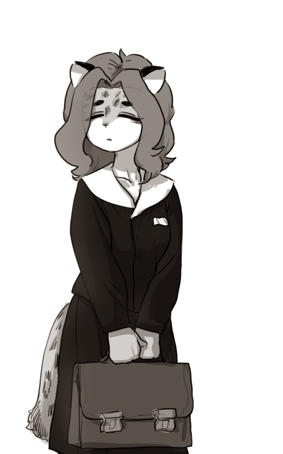 a black and white illustration of a furry girl wearing a school uniform. she is holding a briefcase in her hands. she has cat ears and is drawn in an anime style.