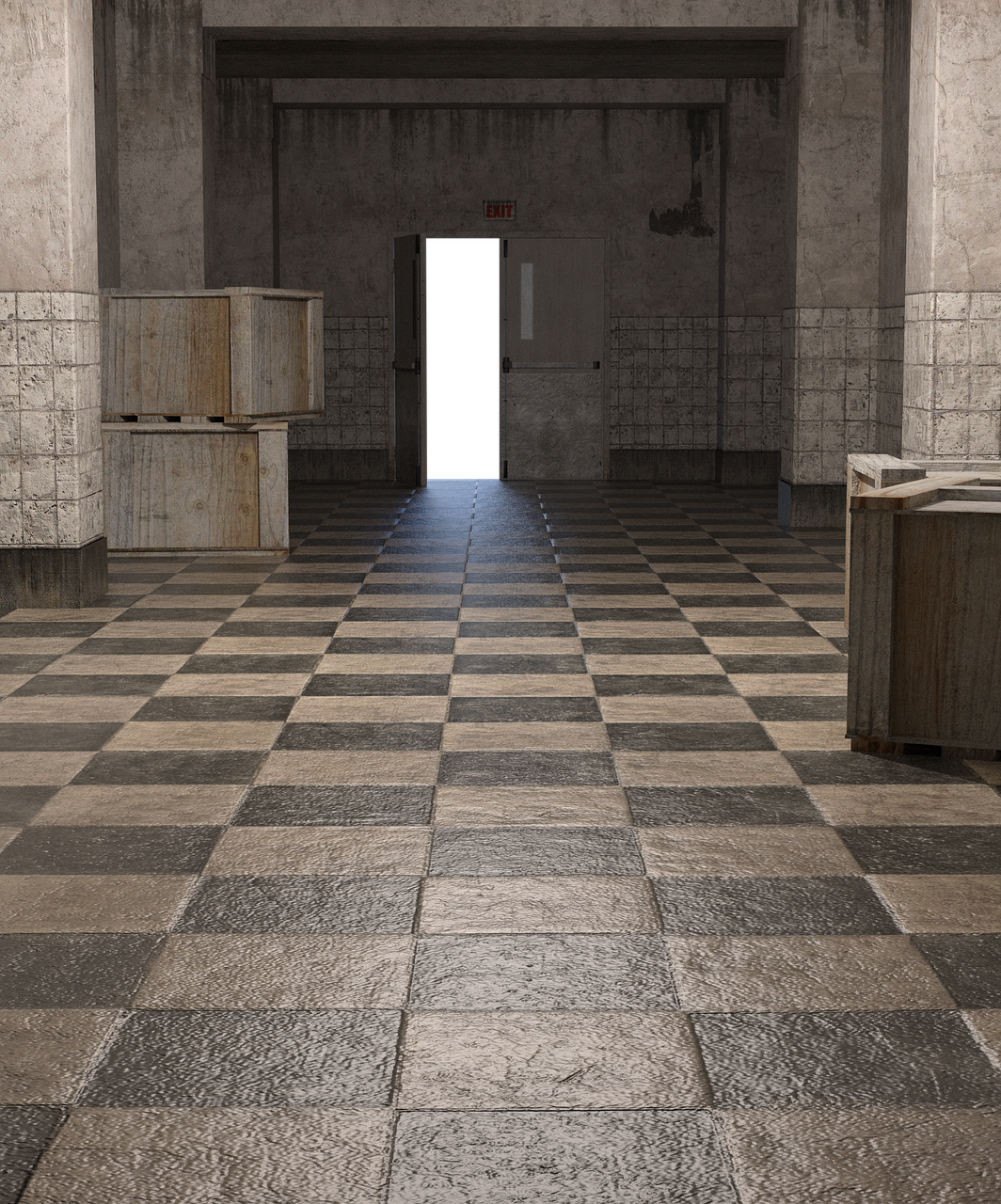 an image depicts an abandoned warehouse interior with a checkered floor and open door with an exit sign. crates are stacked near concrete columns, highlighting the industrial setting. the perspective draws attention to the open doorway.