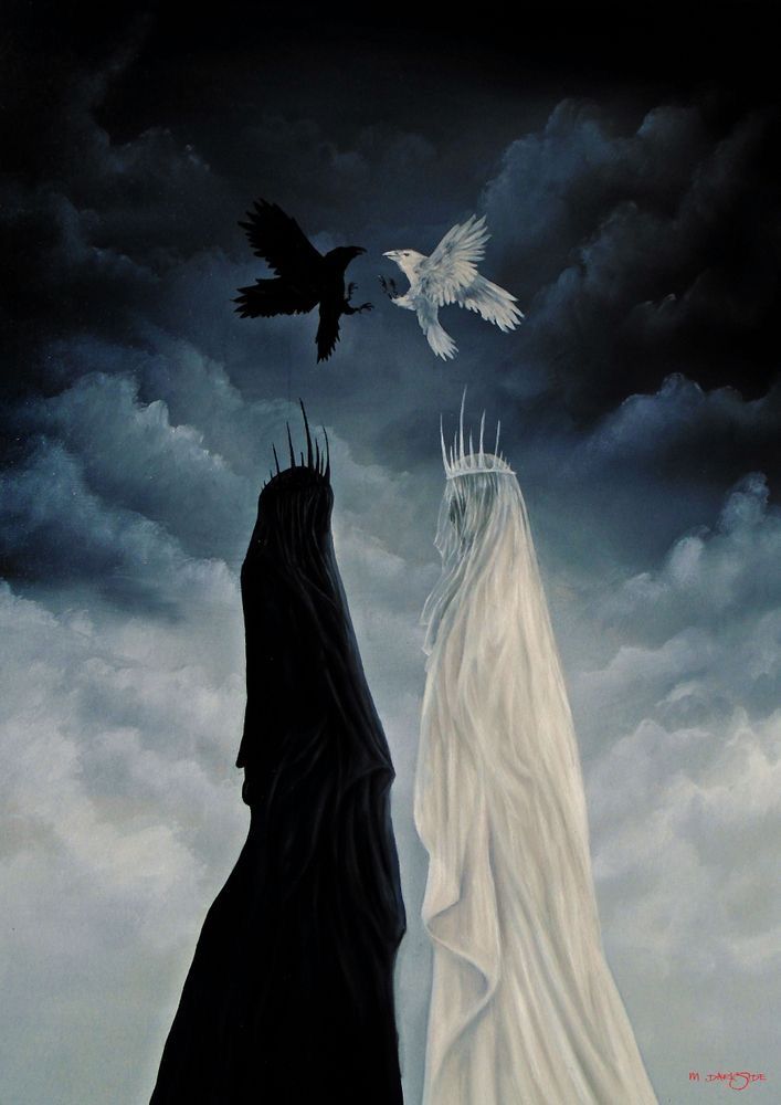 the painting depicts a scene of contrasting light and darkness. two figures, one cloaked in black and the other in white, stand against a backdrop of swirling clouds. a black crow and a white dove fly above them. the figures represent the opposing forces of good and evil, or light and darkness. the birds are symbols of their respective sides. the painting suggests a choice between these two paths, and the uncertainty of what lies ahead. it's a powerful and evocative image that explores themes of duality and the complexities of good and evil.