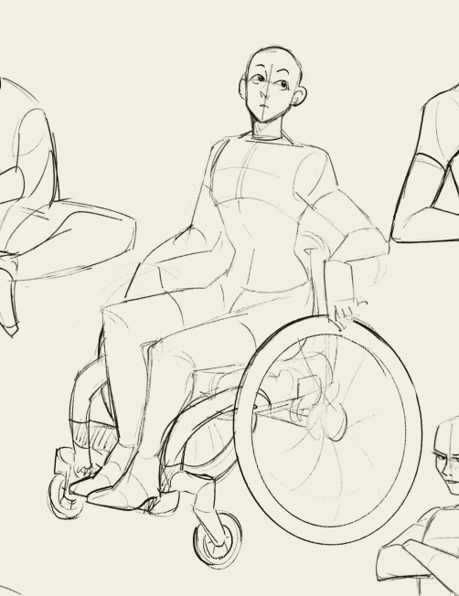 a sketch of three people, two sitting in a relaxed pose, one in a wheelchair and the other in a casual pose. the third person is shown sitting with arms crossed in front of them.  the people are drawn with simple lines and details, and the sketch has a casual and relaxed feel.