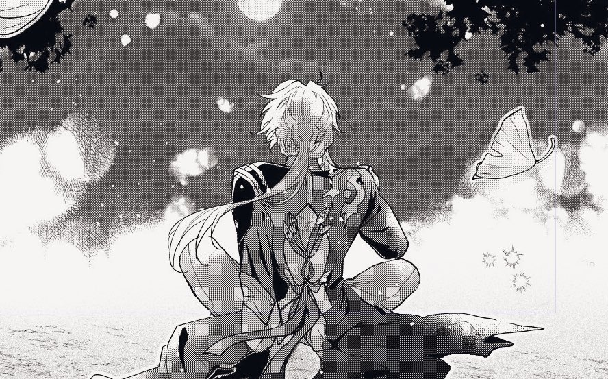 an anime manga character, a male, is sitting with his back turned to the viewer, looking at the moon. he is wearing a robe with a floral pattern and his long hair is flowing in the wind. there are clouds, stars, and a butterfly in the sky behind him. the image is in black and white.