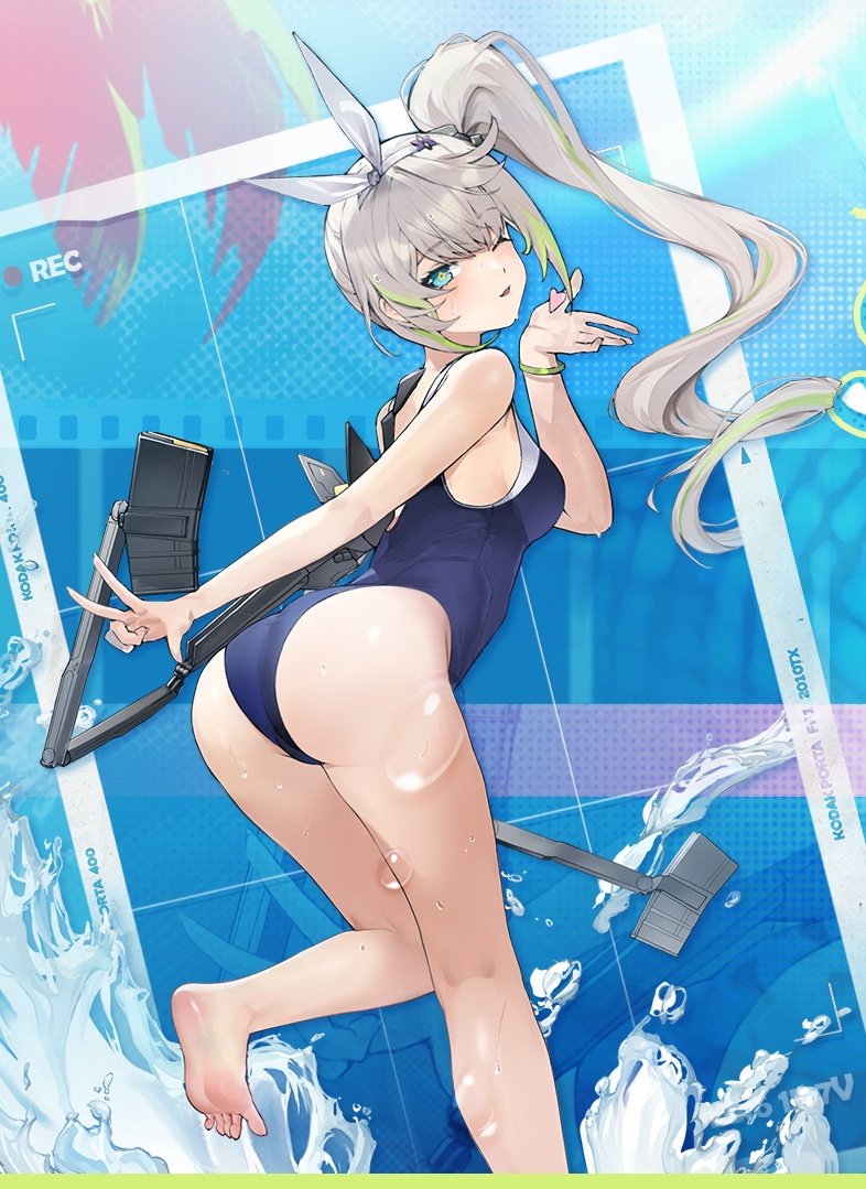 the image is a digital illustration or artwork featuring an animestyle girl. she has long grey and light green hair styled in a high ponytail, with bunny earlike hair accessories. she's wearing a dark blue onepiece swimsuit and is playfully posing, possibly winking at the viewer, while holding what looks like a disassembled rifle or gun. the background features a stylized blue pool or beach scene with splashes of water, filmlike borders suggesting a recording in progress, and technical markings like "rec," "kogami," and "v1.4 2021x." the overall style is vibrant and suggestive of summer. the art style is typical of anime and manga illustrations, with a focus on character design and dynamic posing.