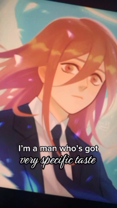 the image is a digital illustration or artwork depicting an animestyle male character. he has long, flowing pink hair and striking red eyes. he's dressed in a dark suit and tie, giving him a sophisticated look. the background is a soft, pastel color palette with light, ethereal elements. a quote overlay states "i'm a man who's got very specific taste," adding a layer of personality or narrative to the image. the overall style is reminiscent of manga or anime artwork, characterized by its clean lines, expressive eyes, and stylized character design.  the character's expression is somewhat serious or pensive.