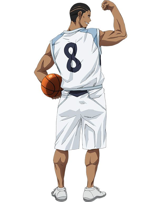 an illustration of a black basketball player wearing a white jersey with the number 8 on it. he is holding a basketball in his left hand and is flexing his right arm. the player is facing away from the viewer, showing his back.  he is wearing white shorts and white shoes.
