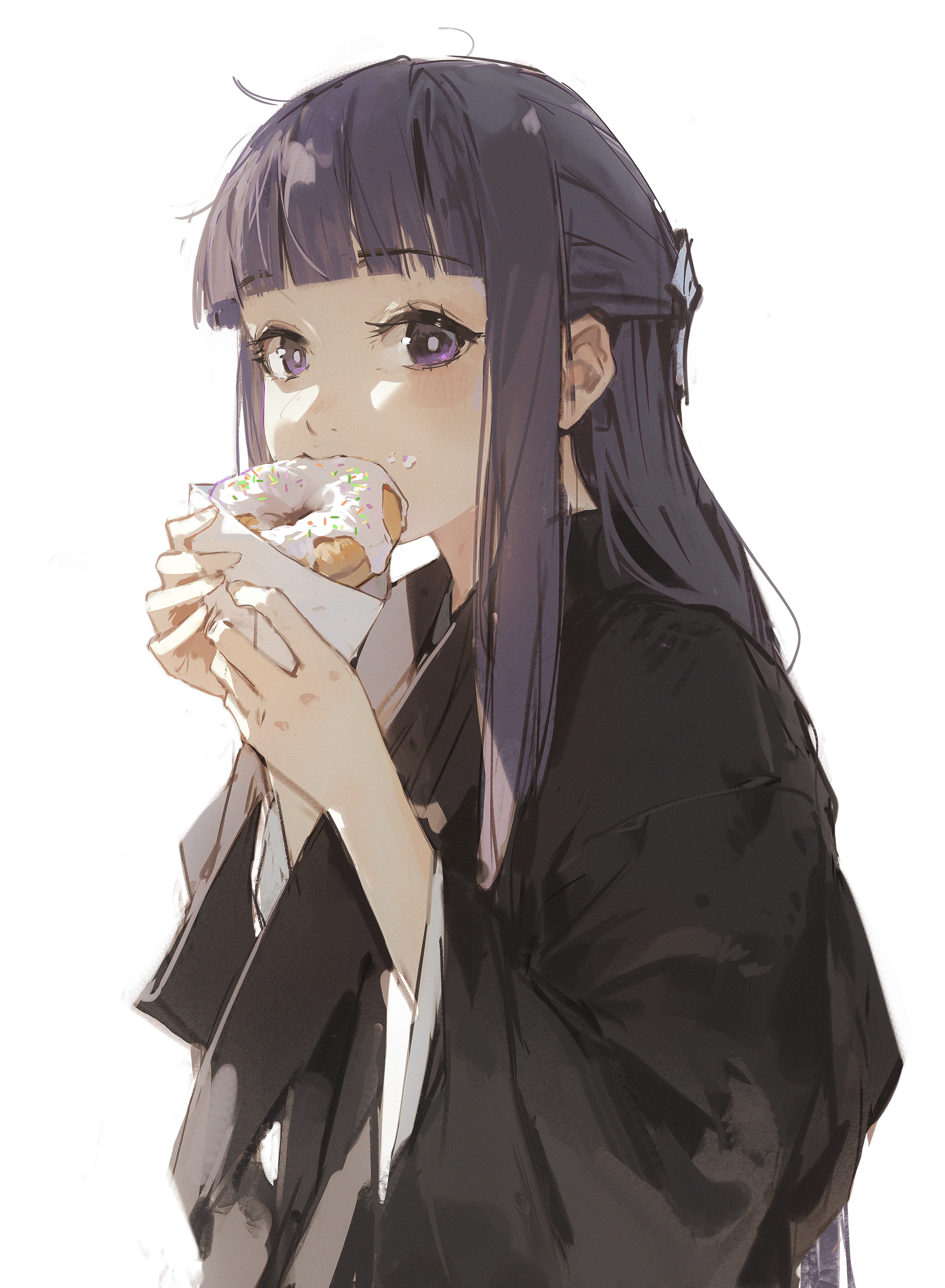 a digital illustration of an anime girl with long purple hair eating a donut. she's wearing a black jacket with a white inner lining. she's looking to the right. the background is white.  the art style is a colorful, semirealistic anime style.