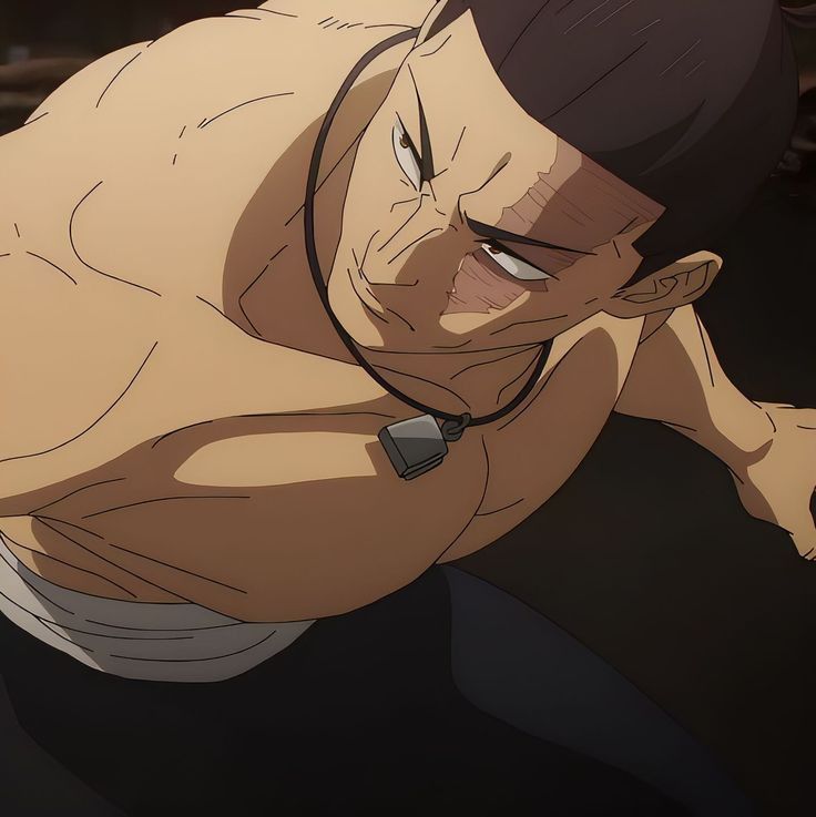 a muscular, scarred, anime man leans forward, his brow furrowed in concentration. he is shirtless and appears to be in a fighting stance.