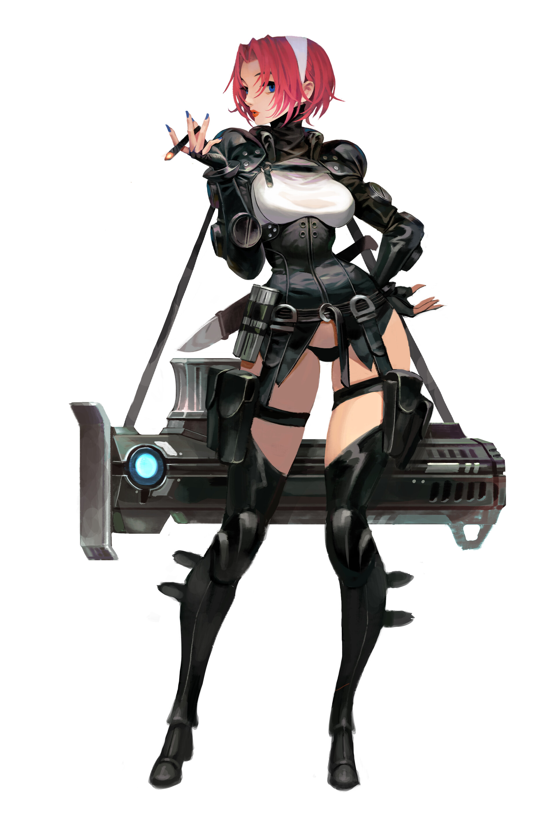 an animestyle female character with short pink hair and blue eyes is standing with a futuristic gun. she is wearing a black bodysuit with straps and belts, thighhigh boots, and gloves. she has a serious expression. she has a knife strapped to her leg. she is fairskinned.