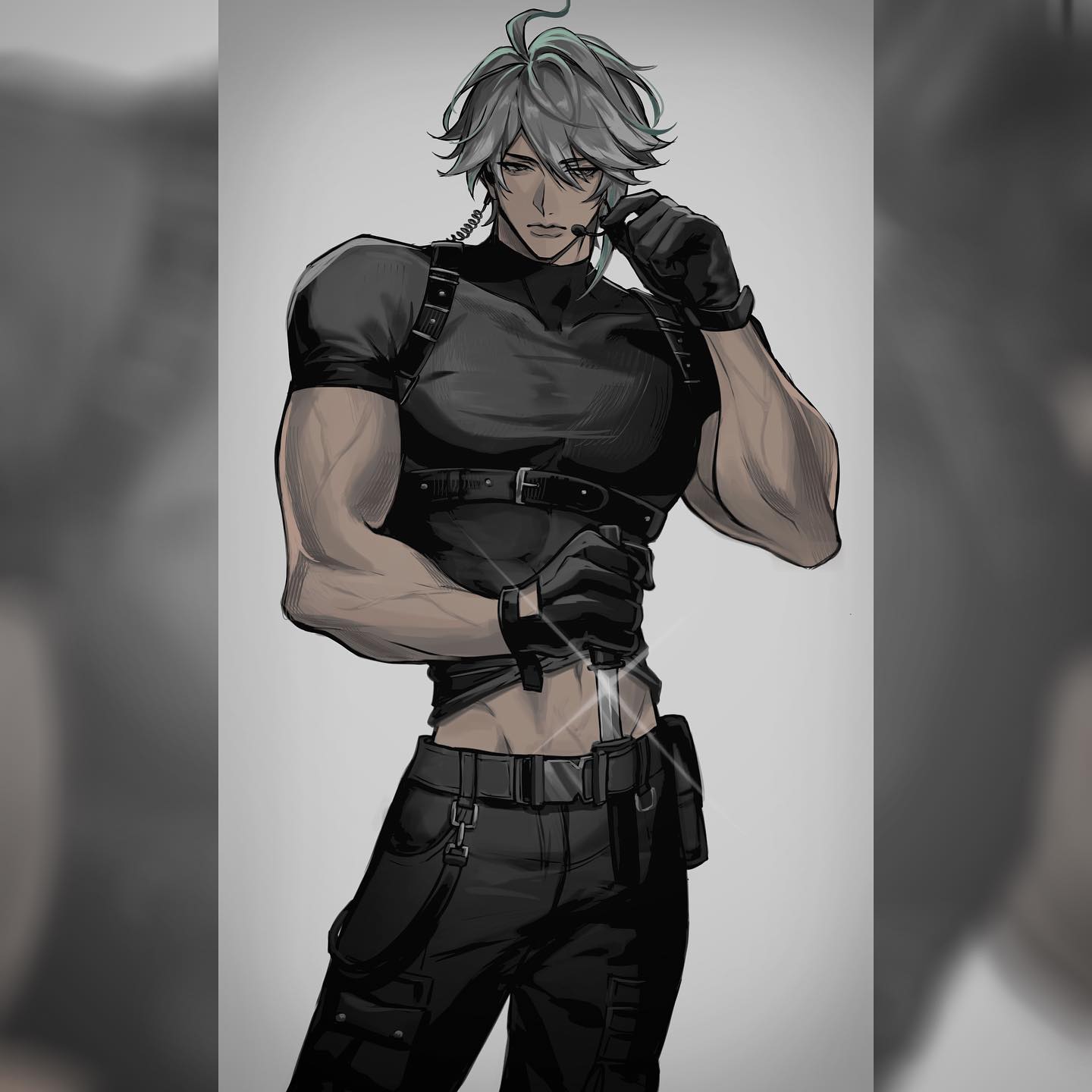 this is a digital illustration of a stylish and handsome man in a tactical outfit. he is facing forward with a serious expression and his right hand holding a knife. the man is wearing a black shirt,  pants with a belt,  gloves, and a tactical vest with straps.  the illustration has a dark and gritty aesthetic with a black, white, and grey colour palette. the background is a simple grey.