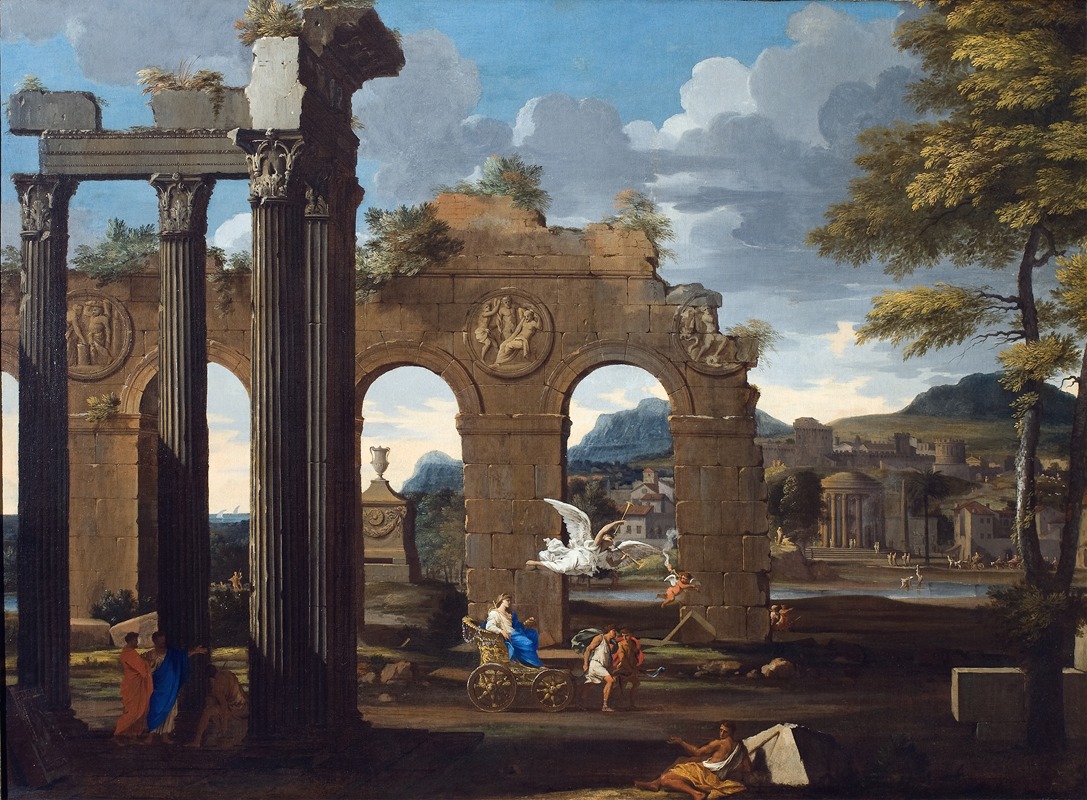 the painting depicts a classical landscape with ruins of ancient architecture. in the foreground, there are crumbling columns and arches. through the arches, a city and mountains are visible in the background. several figures are present, including a woman in a chariot drawn by a swan, possibly venus. cupid flies beside the chariot, and other figures are draped or reclining near the ruins. the scene suggests a mythological or allegorical subject. the sky is filled with clouds, and trees frame the right side of the composition. the overall mood is one of romanticism and classical antiquity.