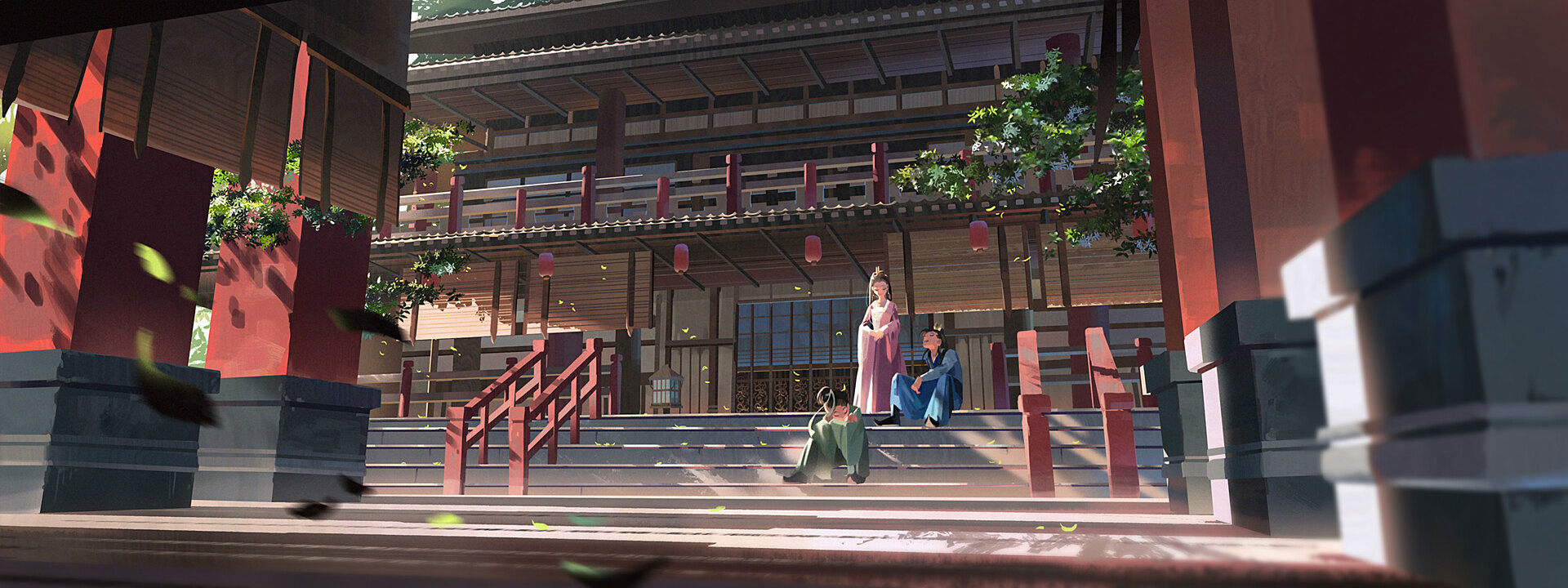 an anime style illustration of a traditional japanese building.  the building is constructed of wood and stone, with a red roof and red pillars. there are stairs leading up to the building, with a railing made of red wood. the building is surrounded by greenery. a group of people are sitting on the steps.  there are two women and one man, they appear to be talking. they are sitting in front of a building with a red roof.  the sun is shining and there are leaves falling to the ground. the scene is peaceful and serene.