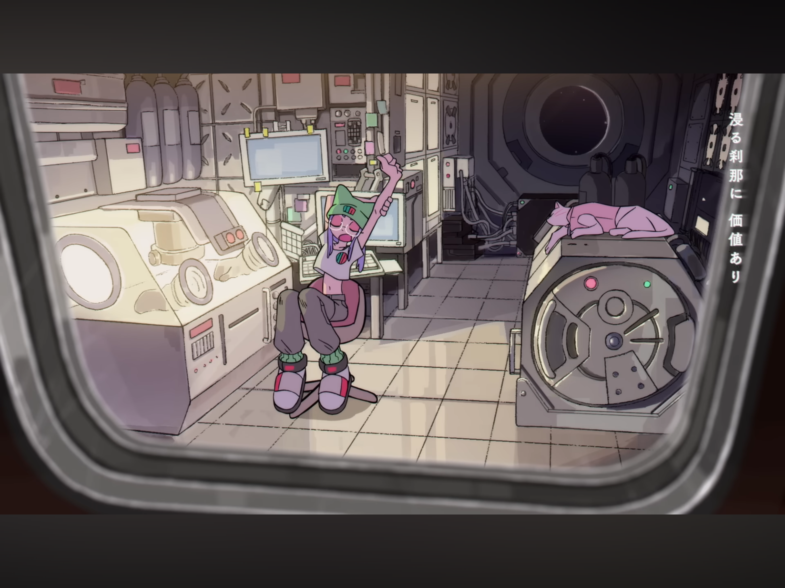 the image depicts the interior of a spaceship control room, viewed as if through a rounded window.  a young woman with bright green hair and a pink and green outfit stretches in a swivel chair, her back to the viewer. she's surrounded by monitors, control panels, and other scifi equipment. a pink cat naps on a platform behind her. the room is brightly lit by overhead artificial light, emphasizing the metallic and technological elements. the overall feel is futuristic and slightly claustrophobic.
