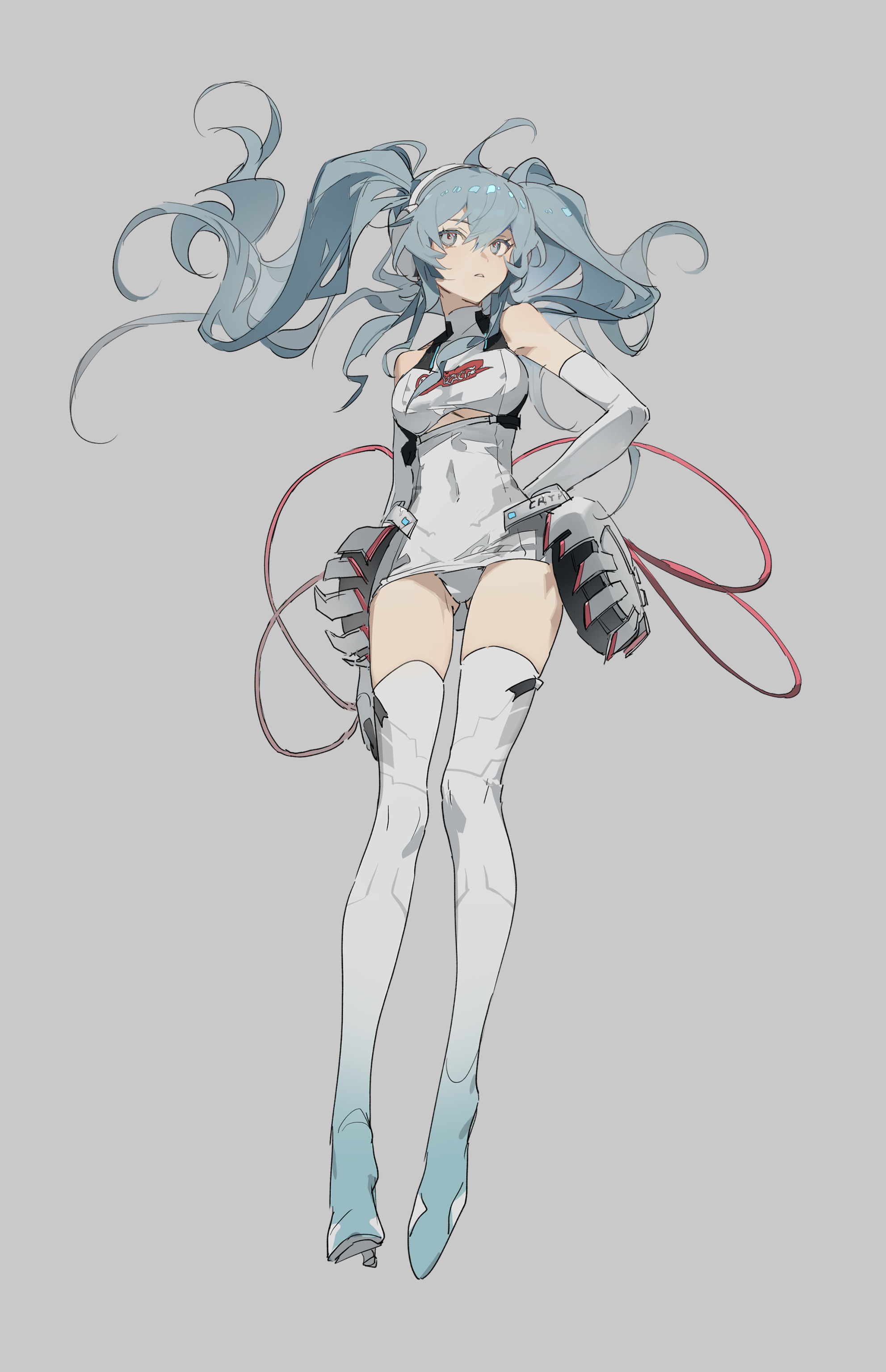 an animestyle fullbody illustration of a girl resembling hatsune miku, with light blue twintails and a white racing suit. she wears white thigh highs and futuristiclooking gauntlets with red accents. the background is a solid gray.