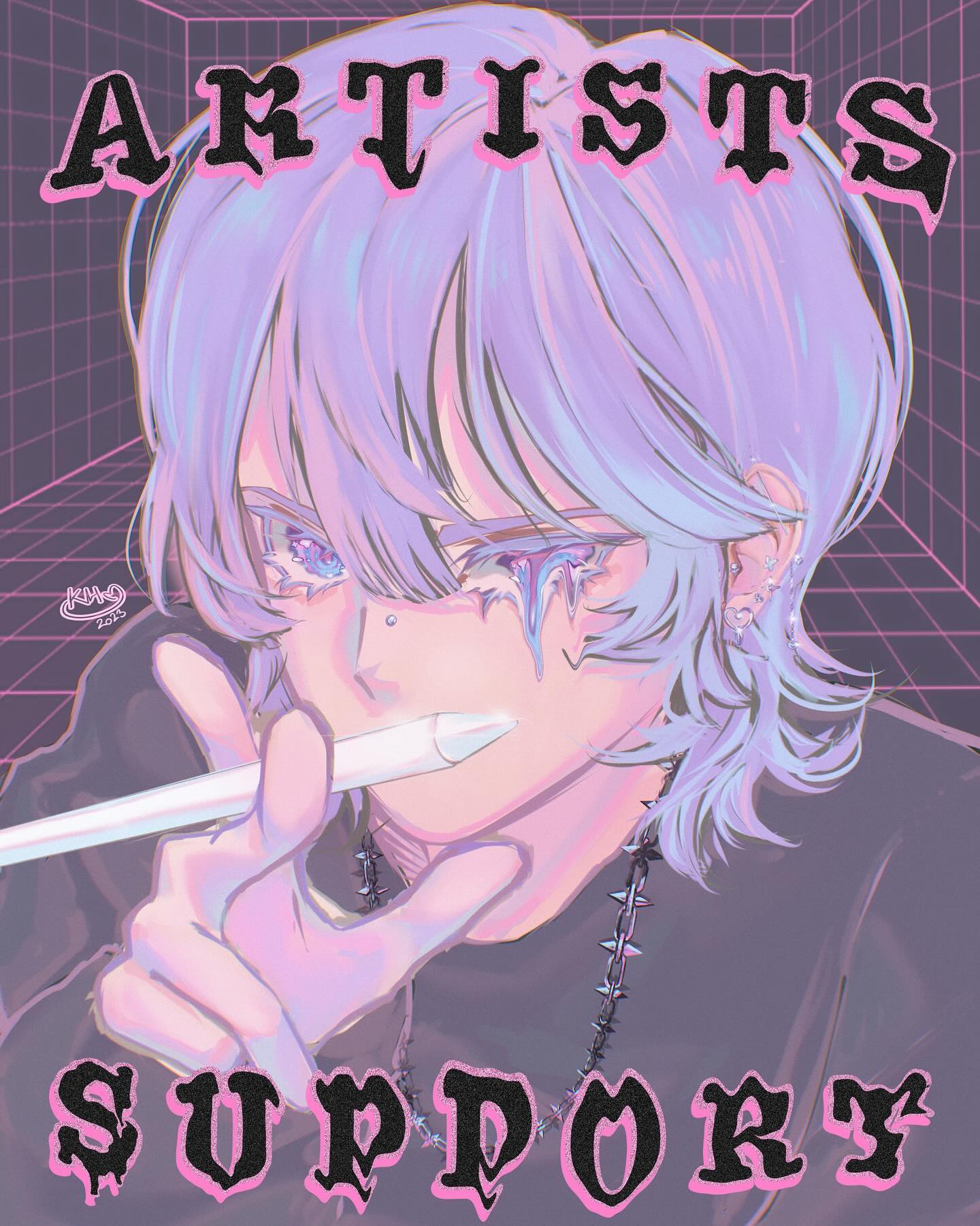 the image is a digital illustration featuring a stylized animestyle boy with long, pastel purple hair. he has a melancholic expression, with tears seemingly dripping from his eyes. he's wearing dark clothing with punk or gothinspired accessories, such as a spiked choker. he holds a white stylus or pen to his mouth, suggesting artistic activity. the background is a grid pattern reminiscent of 80s or 90s retro aesthetics, and the words "artists support" are prominently displayed in a stylized font. the overall style blends pastel goth aesthetics with retro elements, creating a visually striking and emotionally evocative image promoting artist support.
