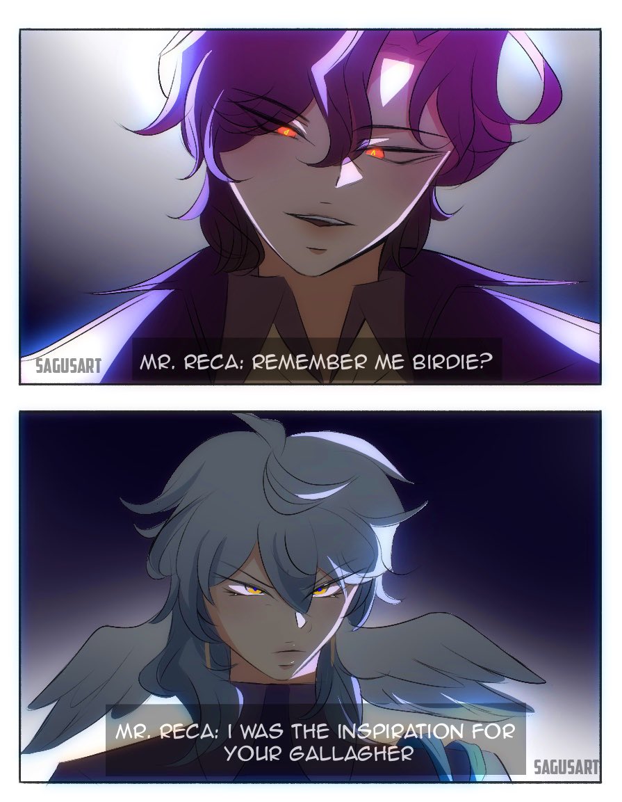this is an illustration of two anime boys. the first panel shows a man with purple hair with a sinister smirk in his face. the second panel shows the other man with blue hair and white wings looking at the first character. they are both in a dark setting. they have glowing, red eyes. they appear to be in a comic book or manga. the dialogue bubbles shows their conversation. the first man asks the second, "remember me birdie?". the second man replies, "i was the inspiration for your gallagher".