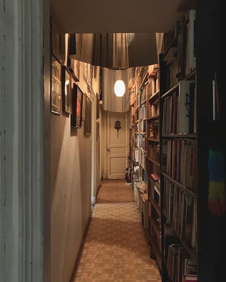 the image shows a long, narrow hallway with bookshelves lining one side and framed artwork on the other. the hallway is dimly lit, with a soft light emanating from a ceiling lamp. the bookshelves are filled with a variety of books, and the artwork appears to be a mix of paintings and photographs. the floor is tiled, and the overall atmosphere is cozy and vintage.
