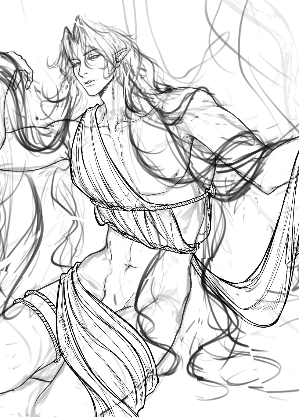 this is a line art illustration of an elf woman with long hair, wearing a flowing dress. she is drawn in a simple, black and white style. the lines are light and flowy, giving a sense of movement and grace. the background is a simple white space, which allows the figure to stand out.