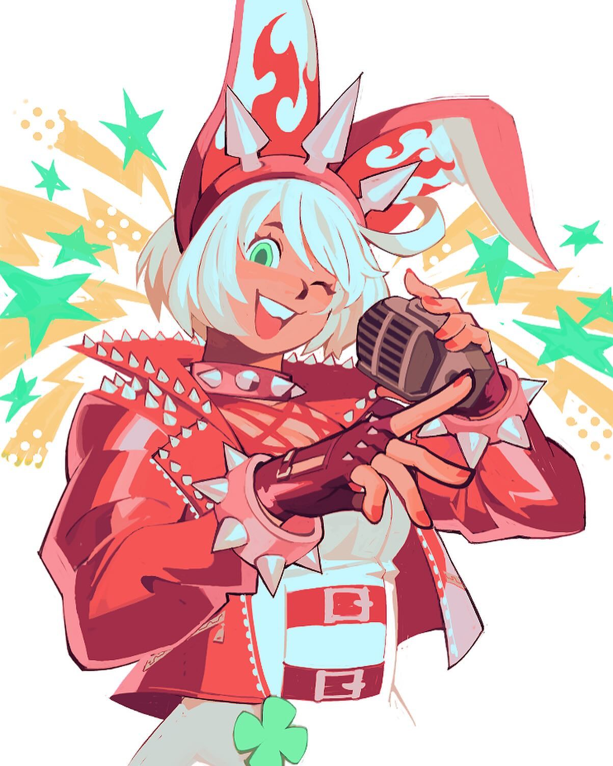 the image is a vibrant and stylized digital drawing of a young female anime character. she's depicted as a rocker or pop star, with bright pink and red clothing, including a spiky red jacket and matching hat with horns. her hair is short, white, and styled in a way that complements her overall punkinspired look. she's holding a microphone, and her expression is energetic and happy, suggesting a performance. the background features a burst of stars, adding to the dynamic and lively feel of the piece. a fourleaf clover is visible at her waist. the overall style is reminiscent of modern anime or cartoon character design, with a playful yet powerful aesthetic.