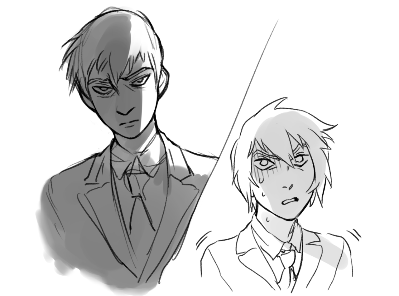 the illustration features two men drawn in a manga style, their expressions suggesting a tense atmosphere. the man on the left, shrouded in shadow, exudes an intimidating aura with a sharp glare. in contrast, the man on the right appears visibly uncomfortable, his face flushed and brows furrowed as beads of sweat drip down his temple.  both men wear suits, further emphasizing the potential power dynamic at play. the stark contrast in lighting enhances the drama of the scene, highlighting the difference in their emotional states.