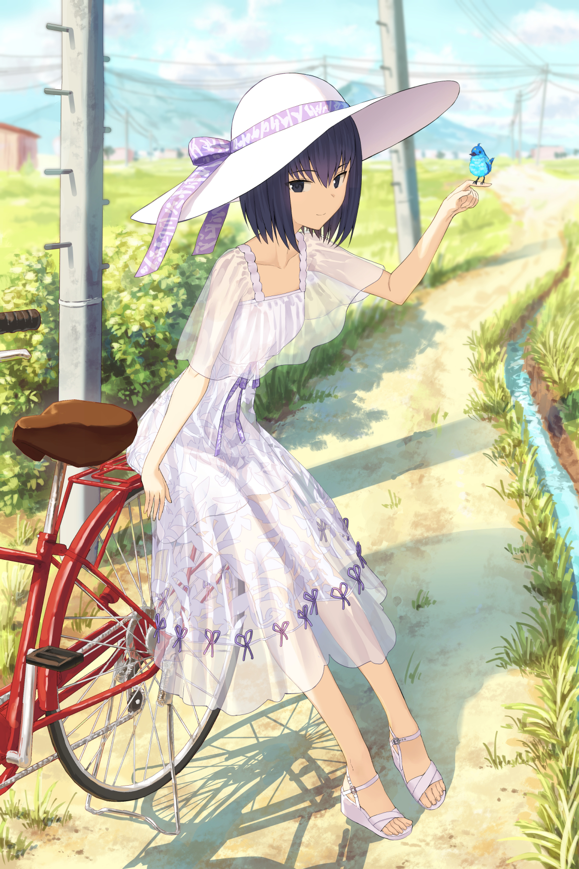 a young anime girl in a white dress and a large white hat is sitting on a red bicycle on a dirt path in the countryside. she is reaching out to a blue butterfly perched on her finger. the scene is brightly lit, suggesting a summer day.