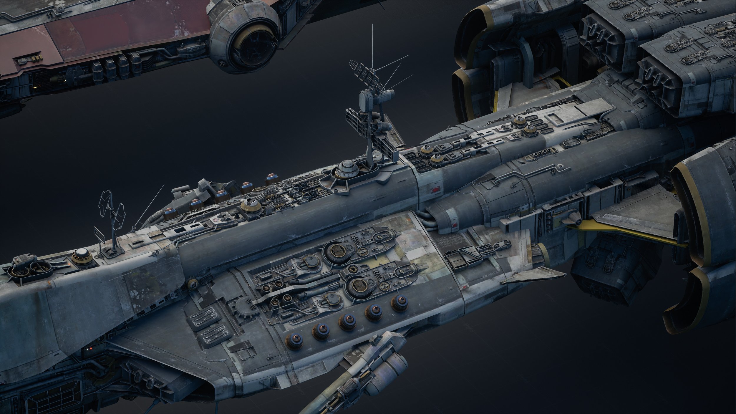 the image is a detailed closeup 3d render of a large, weathered spaceship.  the vessel is dark gray with various shades of rust and discoloration suggesting age and battle damage.  numerous mechanical details are visible, including complex engine structures, panels, and an antenna array on the upper deck.  yellow accents are present on some areas, adding visual contrast. the style is gritty and realistic. a portion of a second, different spaceship is visible in the upper left corner, indicating a possible docking or proximity. the overall look is that of a worn but functional, possibly heavily used, spacecraft from a science fiction setting.