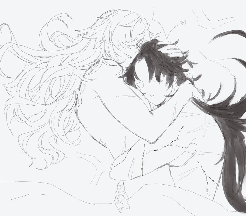 a black and white sketch of two anime characters hugging each other. the character on the left has long blonde hair and is holding the character on the right, who has long black hair, close. the character on the right is looking at the viewer with a smile on their face.  the background is a soft white with a heart in the top right corner.  the sketch is in a simple style and looks like a doodle.