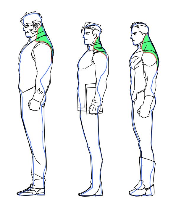 the image contains three line drawings of male figures in profile view. each figure has subtle variations in posture and body shape.  the figures are drawn in a style reminiscent of manga or anime, with simple lines and minimal detail.  the shoulder and neck area are highlighted with green lines, suggesting a focus on those specific areas. the figures are dressed in varying clothing, including jackets and pants. they are positioned in a slightly different stance to emphasize the body variations.