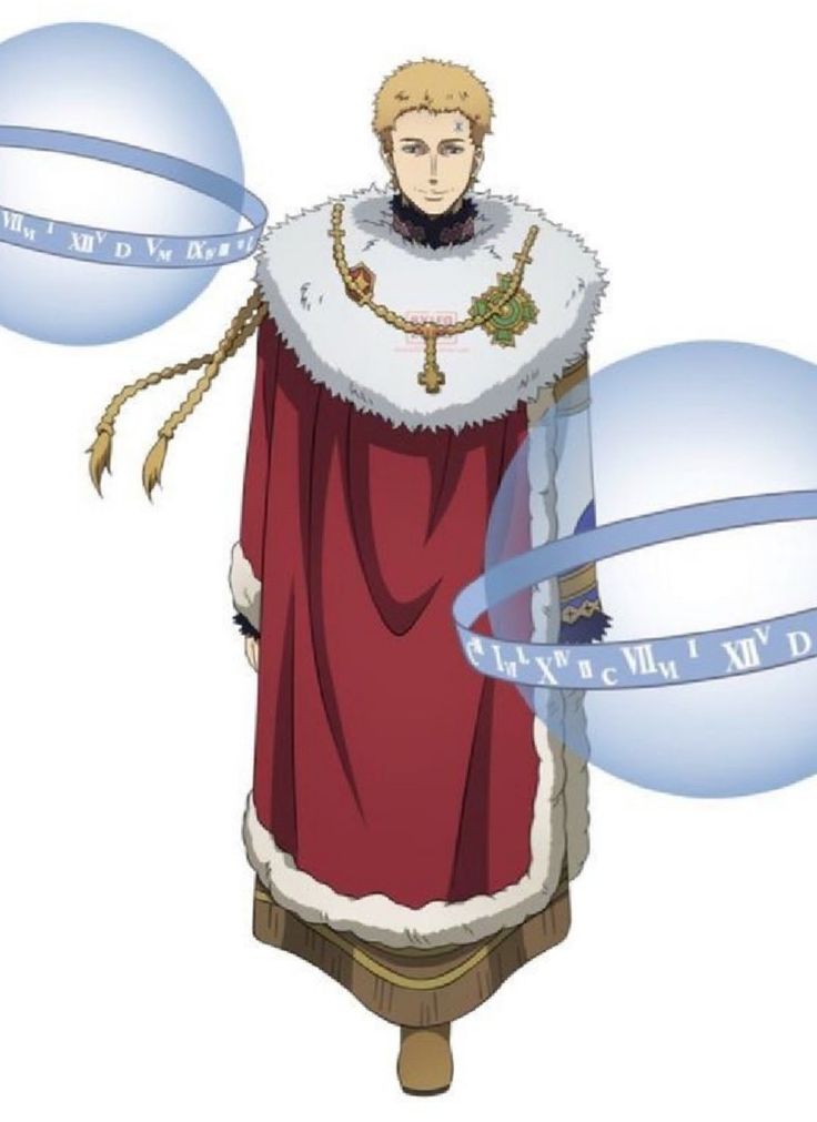 this is an anime illustration of a male character dressed as a king with a crown, robe, and ornate jewelry. he is standing in front of two glowing blue circles with roman numerals and an outer band. the circles look magical. the character is wearing a red and white robe, a black shirt, and has a white and gold crown.