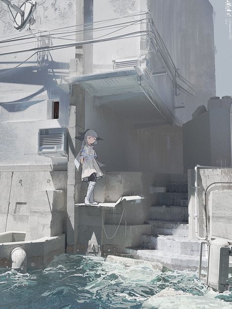 a young anime girl with short white hair and black eyes, dressed in a black and white outfit, stands pensively on a concrete platform extending over churning grayblue water. the scene is set against a backdrop of a minimalist urban landscape dominated by gray concrete buildings and overcast skies.  the overall atmosphere is one of quiet contemplation and urban solitude.
