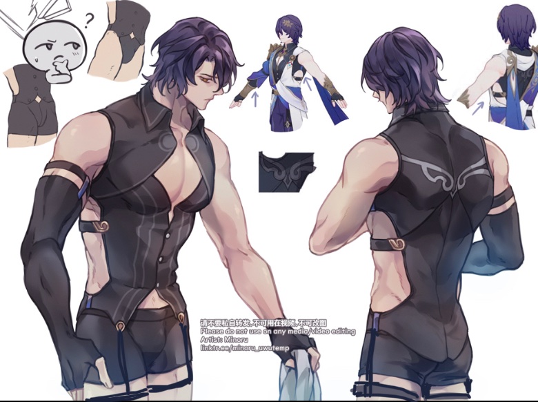 the image is a drawing of an anime male character. he has purple hair, black and white vest with black shorts. he is looking down at the ground with a serious expression. the character is standing in a room with a white background. the image is welldrawn and detailed. the character's expression is very well captured. the character's outfit is a black and white vest with black shorts. the character is wearing a purple and white belt with a silver buckle. the character is wearing a pair of black gloves. the character is wearing a pair of black shoes. the character is standing in a room with a white background.